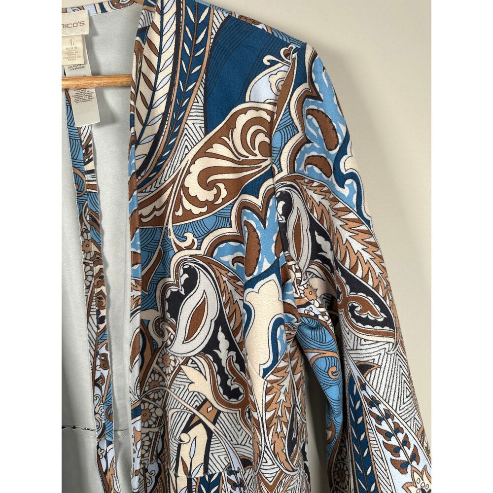 Chicos Baroque-Printed Cardigan Size 1 M Long Open Stretch Paisley Faux Suede - Picture 2 of 11